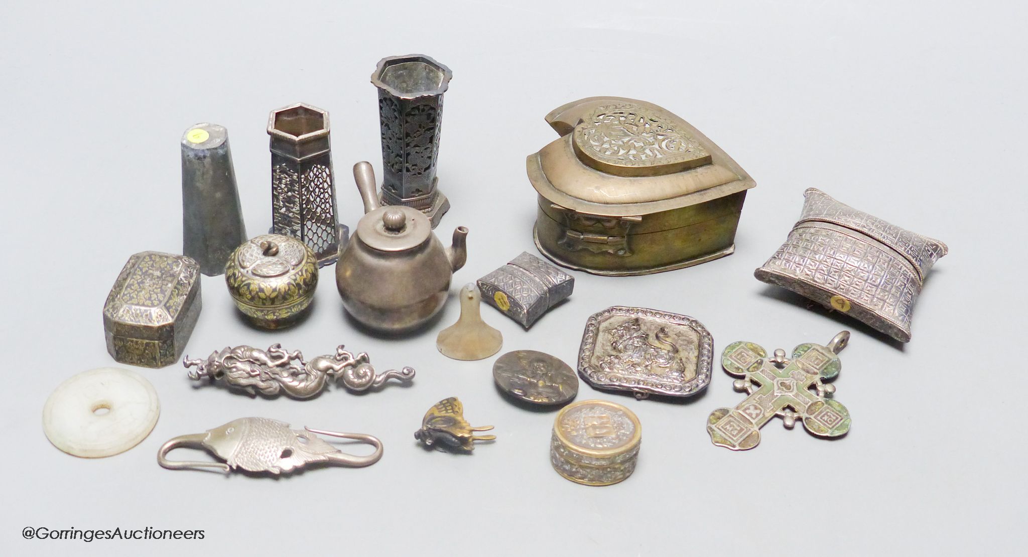 A group of Asian and other small collectables, white metal, brass, jade etc.